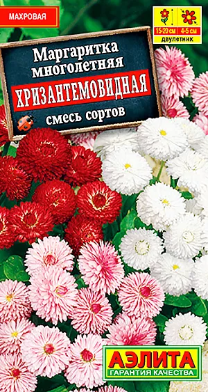 Маргаритка Хризантемовидная, смесь сортов из каталога Маргаритка Семена Маргаритка Хризантемовидная, смесь. Зимостойкий, низкорослый двулетник. Формирует компактную прикорневую розетку листьев с цветоносами высотой 15-20 см. Соцветия махровые, Ø 4-5 см. Растения используют для оформления цветников и контейнерного озеленения.<br>
<br>
<p>
Посевы размещают на умеренно плодородных, дренированных почвах. Семена высевают на постоянное место или на рассаду на отдельную грядку. Всходы появляются через 7-10 дней, их прореживают. Рассаду нужно высадить не позднее августа. Растения неприхотливые, холодостойкие; могут расти в небольшом затенении. Для продления цветения необходимо удалять отцветающие корзинки.
</p>
<br>
<br>
<br>
<br>
<br>