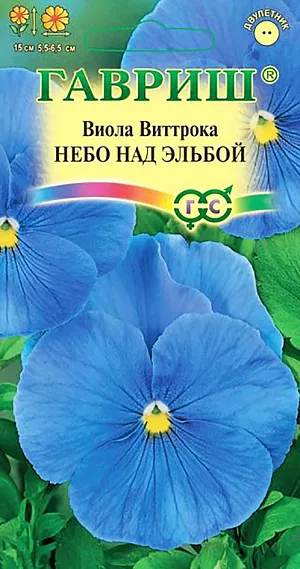 Семена Виола Небо Над Эльбой Виттрока.
Неприхотливое популярное растение из семейства Фиалковые высотой 15 см. Цветет обильно и продолжительно с мая по сентябрь.
Цветки крупные, 5,5-6,5 см в диаметре, светло-голубые. Влаголюбива, холодостойка, хорошо растет на солнце и в полутени. 
Для получения растений, цветущих в год посева, семена высевают на рассаду в феврале-марте. Всходы появляются через 5-7 дней. 
В открытый грунт рассаду высаживают в конце апреля-начале мая на расстоянии 20 см.
Растения хорошо переносят пересадку в цветущем состоянии. При посеве в открытый грунт в июне-июле, цветение наступает во второй год.
Используют для посадки на клумбы, рабатки, в балконные ящики и садовые вазы.