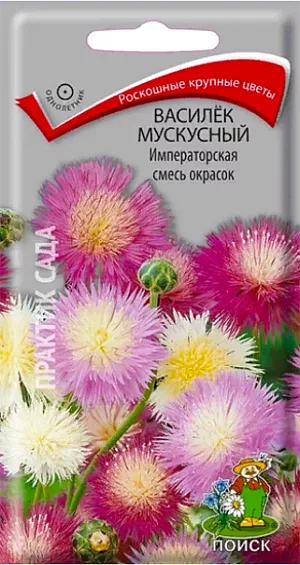 Семена Василёк мускусный Императорская смесь. Высокий василёк с приятным ароматом корицы. Растение до 100 см высотой. Листья глубоко разрезанные и зубчатые, неопушённые, ярко-зелёные. Соцветия – крупные корзинки 6-8 см в диаметре, сиреневого, белого, пурпурного и розового цвета. Зацветает растение в июне и обильно цветёт до октября. Используется для посадки в цветниках, бордюрах, на клумбах и на срезку.<br>
 <br>
 Агротехника. Неприхотливое растение, предпочитает солнечное место, легкие плодородные почвы. Посев производят в конце апреля – в начале мая непосредственно в грунт, семена слегка присыпают легкой землей, всходы появляются через 14-20 дней. Их прореживают, выдерживая расстояние между растениями 20-30 см.<br>