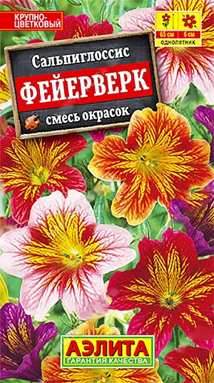 Семена Сальпиглоссис Фейерверк смесь окрасок.
Один из самых экзотических и эффектных обильноцветущих летников. Растения высотой 50-65 см, прямостоячие, малоразветвленные. Цветки воронковидные, диаметр 5-6 см, яркие, бархатистые, с неповторимым мраморным рисунком. Цветение раннее и продолжительное. Растения тепло- и светолюбивые, не выносят засухи и переувлажнения почвы. Рекомендуется высаживать ближе к дорожкам и местам отдыха, что бы была возможность видеть красоту и неповторимость цветков. Отлично подходят для срезки. Агротехника. Посев на рассаду в конце марта-начале апреля. Сеют поверхностно, без заделки, под стекло для сохранения постоянной влажности. Примерно 10-12 суток (до всходов) посевы держат в темноте, т. к. это стимулирует дружное прорастание семян. При развитии 2-3 пар листиков сеянцы пикируют в отдельные горшочки. Для лучшего ветвления молодые растения прищипывают. Закаленную рассаду высаживают в грунт после того, как минует угроза заморозков. 