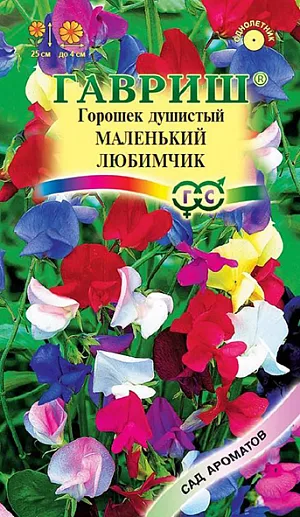 Семена Душистый горошек Маленький любимчик <br>
 <br>
 Миниатюрный душистый горошек для ранней срезки. Растения однолетние, супернизкорослые, едва достигают 25 см. Прочные цветоносы позволяют выращивать растения без подвязки, «веселая» окраска цветков позволит «оживить» любой светлый уголок сада, балконы. Цветет с июня по сентябрь. Цветки душистые, крупные, до 4 см, самой разнообразной окраски – красной, лавандовой, синей, пурпурной, белой. . Светолюбив, влаголюбив и холодостоек, предпочитает плодородные суглинистые и супесчаные почвы. Выращивают рассадным и безрассадным способом. Используется в озеленении, кроме того, срезанные цветки хорошо сохраняют свежесть в воде и используются в букетах.<br>
