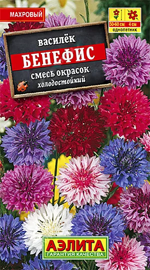<div>
 Семена Василёк Бенефис махровый смесь.
</div>
<p>
 Однолетник. Высота растения 60 см. Диаметр соцветий  4 см.
</p>
<p>
 Неприхотливый, быстро растущий однолетник с ажурными соцветиями-корзинками. Кустики изящные, прямостоячие, высотой 50-60 см. Соцветия махровые, Ø3-5 см. Цветение раннее, обильное и продолжительное, с июня до заморозков. Растения холодостойкие, засухоустойчивые, предпочитают солнечное местоположение. Используются в смешанных и групповых посадках в цветниках деревенского и природного стиля, в мавританском газоне, на срезку в букеты. Срезка сохраняет свежесть в воде 5-7дней. Василек – отличный медонос, привлекает на участок насекомых опылителей.<br>
</p>
<p>
 Посев семян в открытый грунт на глубину 0,5-1 см. Всходы прореживают. Растениям необходимы регулярные поливы, прополки, рыхления и подкормки. Для более раннего цветения возможен подзимний посев в конце октября.<br>
</p>