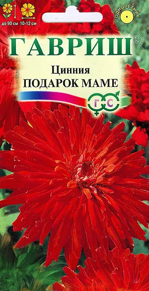 Семена Цинния Подарок Маме.
Однолетник. Растение высотой 60-90 см. Соцветия — корзинки 10-12 см в диаметре, красного цвета. 
Размножают семенами через рассаду, так как цинния чувствительна даже к самым легким заморозкам. 
Перед посевом семена желательно замочить. Посев в апреле, на глубину 1 см. 
Высадка в цветник производится после окончания весенних заморозков, выдерживая расстояние между растениями 30-35 см. 
Если рассада вытянулась, ее можно заглубить, так как у цинний быстро образуются придаточные корни.
На юге циннию размножают прямым посевом в грунт в апреле-мае с последующим прореживанием. 
Начало цветения через 2,5 месяца после посева. Цветет очень обильно и продолжительно с середины июня до заморозков.
Каждый цветок держится на растении долго, до 35 дней. Используют в клумбах, рабатках, больших массивах и для срезки. 
Особенно хорошо циннии смотрятся группой. Цветы долго стоят в воде, сохраняя яркость окраски. Их срезают, когда соцветие раскроется на 3/4, концы стеблей обжигают или обрезают в горячей воде. Подвядшему букету цинний можно вернуть свежесть, поместив его в горячую воду и предварительно обновив нижний косой срез.