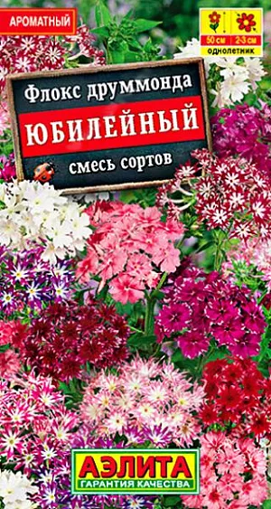 Семена Флокс Юбилейный, смесь сортов из каталога Флокс Семена Флокс Юбилейный. Множество оттенков в одной смеси – от белого до пурпурного! Цветки, преимущественно, звездчатые, диаметром 2-3 см. Собраны в крупные яркие соцветия, обладающие приятным, тонким ароматом. Сорт отличается ранним и продолжительным цветением. Кустики компактные, высотой до 50 см. Засухоустойчивый и холодостойкий сорт. Для пышного цветения необходима хорошая освещенность. Корневая система поверхностная – требует аккуратного рыхления и ухода. Сорт используют в составе высокорослых цветочных композиций, миксбордеров, в качестве контейнерной культуры.<br>
<br>
Сеянцы пикируют в фазе одной пары настоящих листьев. Посадки размещают на плодородных, хорошо дренированных почвах.<br>