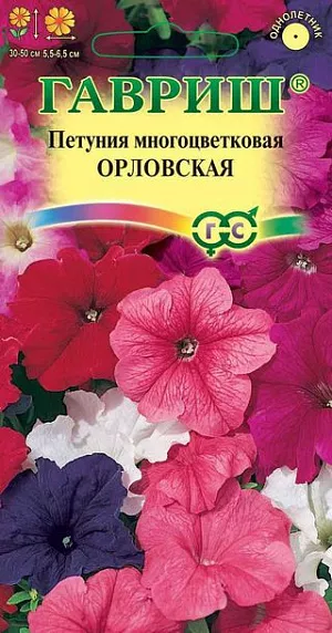 Семена Петуния Орловская многоцветковая.<br>
 Растение образует куст высотой 30-50 см. Цветки разнообразной окраски 5,5-6,5 см в диаметре с гладким краем лепестков. Выращивают рассадным способом. Посев проводят с января по апрель, поверхностно, под стекло (после появления всходов стекло убирают). В зимние месяцы (январь-февраль) досветка обязательна. При ранних сроках посева цветение начинается в мае, что очень удобно для выращивания растений на балконе, закрытых террасах, патио. <br>
Без дополнительного освещения петунию высевают не раньше марта. Всходы появляются через 7-12 дней. На постоянное место высаживают, когда минует опасность заморозков. Светолюбива и достаточно засухоустойчива. Предпочитает легкие, плодородные, хорошо дренированные почвы. Петунии можно выращивать в течение нескольких лет, сохраняя зимой в освещенном помещении (растение сильно обрезают, t не более 12°C, умеренный полив). Петуния используется как фоновое и балконное растение, в контейнерах, вазах, для украшения подоконников, для посадки в рабатки, бордюры. Цветет обильно с начала мая до заморозков. Быстро восстанавливает декоративность после сильного дождя.  