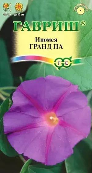 Семена  Ипомея Гранд Па<br>
 <br>
 Вьющееся растение для вертикального озеленения из семейства Вьюнковые с побегами длиной до 2 м. Цветение обильное, с конца июня до заморозков. Цветки воронковидные, крупные до 10 см в диаметре. Светолюбива и теплолюбива, заморозков не переносит. Высевают в открытый грунт во второй половине мая. Семена перед посевом желательно замачивать на сутки. Всходы появляются через 6-14 дней, расстояние между растениями должно составлять 25-35 см. Используется для озеленения балконов и ваз, как клумбовое растение.<br>