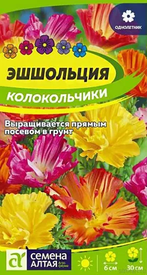 Семена Эшшольция "Колокольчики".<br>
Один из самых очаровательных и неприхотливых однолетников. Нарядное растение высотой до 30 см с яркими шелковистыми цветками диаметром 5-6 см, похожими на маки, и ажурной сильнорассечённой листвой. Растение для занятых людей, бывающих в саду нерегулярно. Исключительно неприхотливо, прекрасно цветёт на любых почвах и при любых капризах погоды. Своим цветением создаст радостное настроение на всё лето. Придаст легкость и изящность цветникам, клумбам, каменистым горкам, мавританским газонам.