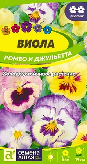 Семена Виола Ромео и Джульетта из каталога Виола Виола Ромео и Джульетта
Искусно подобранная смесь с множеством расцветок пастельных тонов, создающих романтическое настроение цветника. Растение сильноветвистое, до 15 см высотой, с городчатыми листьями и среднего размера цветками. Виола, или Анютины глазки, относится к самым рано- и продолжительно цветущим растениям. Это один из самых любимых садоводами цветов. Неприхотливое, зимостойкое растение, предпочитает открытые солнечные участки, но может расти в полутени. Хорошо развивается на почвах, состоящих из торфа, перегноя и дерновой земли с добавлением песка. При выращивании как двулетника, семена на рассаду высевают в мае-июле на разводочные гряды. В конце августа - начале сентября подросшие сеянцы высаживают на постоянное место. Для получения растений, цветущих в год посева, семена на рассаду высевают с последней декады февраля. В субстрате делают бороздки глубиной 3-5 мм, интервал между бороздками - 1 см. Семена раскладывают с интервалом 2 см и присыпают почвой. Посевы увлажняют, накрывают стеклом и помещают в тёплое светлое место с температурой +20-25оС. Стекло периодически снимают для проветривания. Всходы появляются через 7-10 дней. В первые дни проводят проветривания 2 раза в сутки по 20-30 минут, постепенно увеличивая временной интервал, полностью укрытие снимают через неделю. При образовании двух настоящих листиков проводят пикировку. В открытый грунт рассаду высаживают в конце мая - июне. Посадочный интервал 15-20 см. Цветение при выращивании рассадой с июля до заморозков, при посеве семян в грунт – на следующий год с ранней весны и до поздней осени.